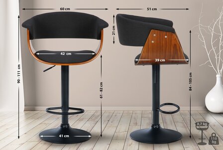 Barkruk Vastel walnoot/zwart,Stof, Zwart