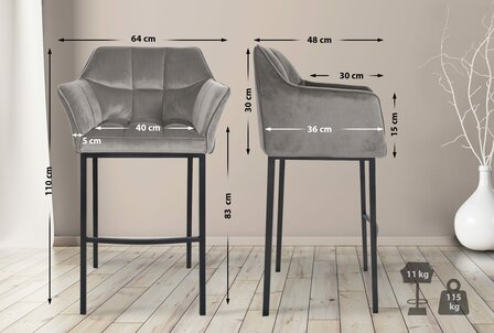 Barstoel Domasa B Fluweel met 4-poots frame, Grijs
