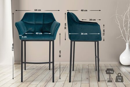 Barstoel Domasa B Fluweel met 4-poots frame, Groen