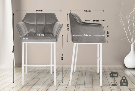 Barstoel Domasa W Fluweel met 4-poots frame, Grijs