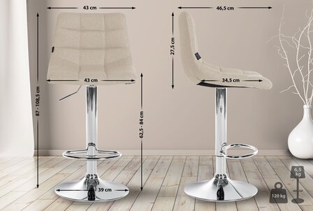 2-delige set barkruk Jirra stof chroom, Creme