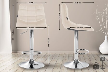 2-delige set barkruk Jirra fluweel chroom, Creme