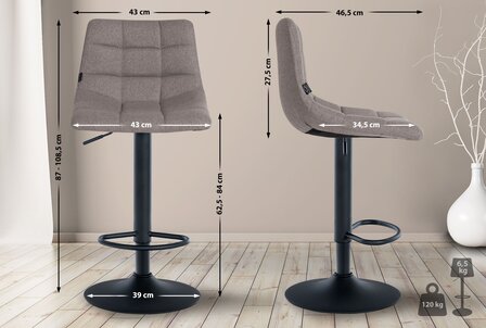 2-delige set barkruk Jirra stof zwart, Grijs