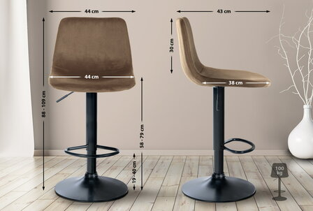 Barstoel Dovi Fluweel Zwart, Bruin