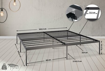 Metalen bed Forga 200x200x42 cm, Zwart