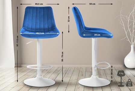 Barstoel Tino Fluweel wit, Blauw