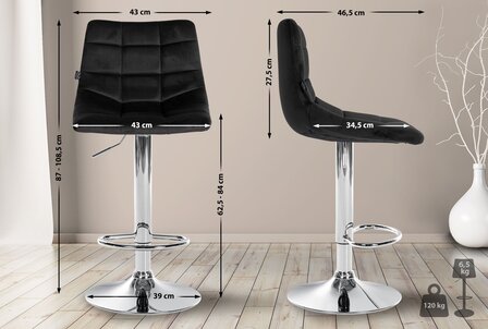 Barstoel Jirra Fluweel chroom, Zwart