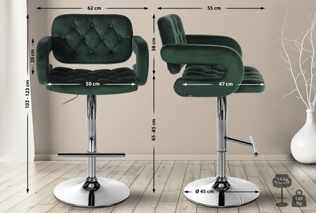Barstoel Diblun Fluweel chroom, Groen