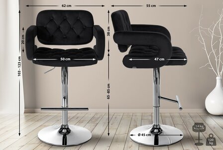 Barstoel Diblun Fluweel chroom, Zwart
