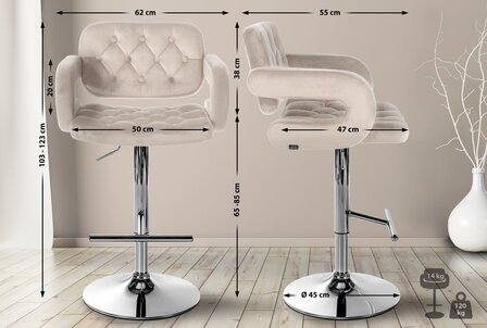 Barstoel Diblun Fluweel chroom, Creme