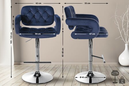 Barstoel Diblun Fluweel chroom, Blauw