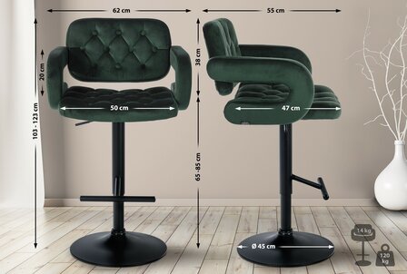 Barstoel Diblun Fluweel zwart, Groen