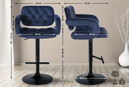 Barstoel Diblun Fluweel zwart, Blauw