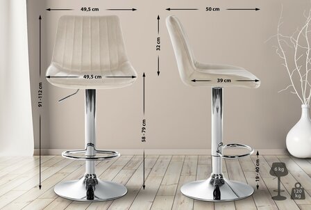 Barstoel Tino Fluweel chroom, Creme