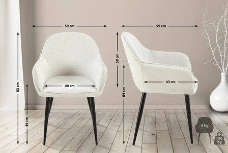 2-delige set eetkamerstoelen Beiso Stof, Creme