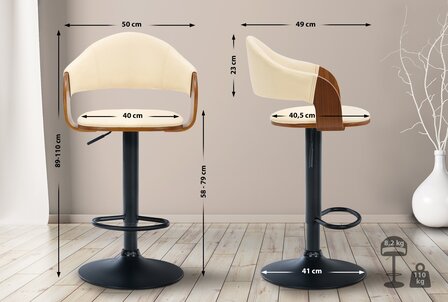 2-delige set barkrukken Nelsi kunstleer zwart, Creme