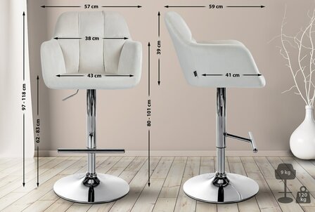 Barkruk Nitimi Fluweel chroom, Creme