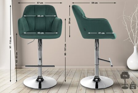 Barkruk Nitimi Fluweel chroom, Groen