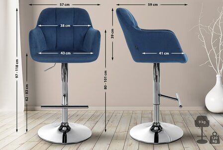Barkruk Nitimi Fluweel chroom, Blauw