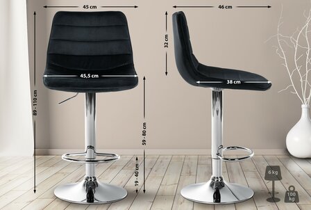 2-delige set barkrukken Lix fluweel chroom, Zwart