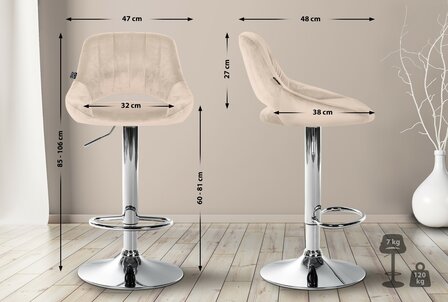 2-delige set barkrukken Melit fluweel C, Creme