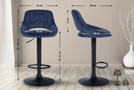 2-delige set barkrukken Melit fluweel B, Blauw