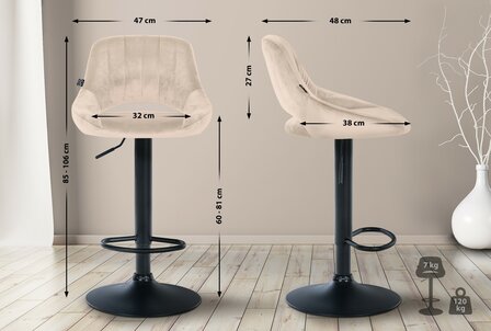 2-delige set barkrukken Melit fluweel B, Creme
