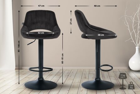 2-delige set barkrukken Melit fluweel B, Zwart