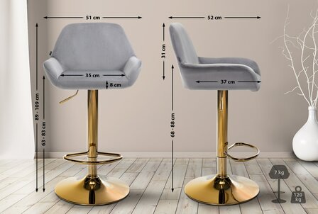 2-delige set barkrukken Braga Goud Fluweel, Grijs