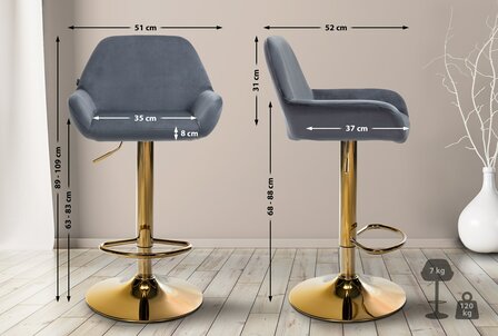 2-delige set barkrukken Braga Goud Fluweel, Grijs