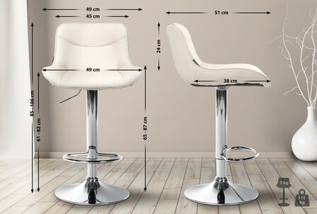 2-delige set barkrukken Venoro kunstleer chroom, Creme