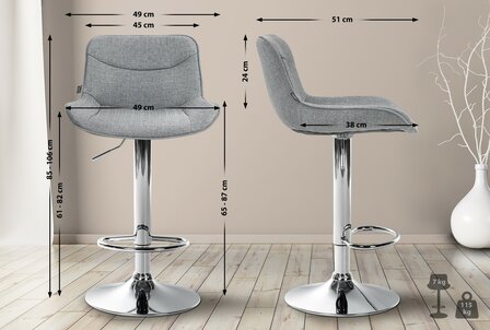 2-delige set barkrukken Venoro stof chroom, Grijs