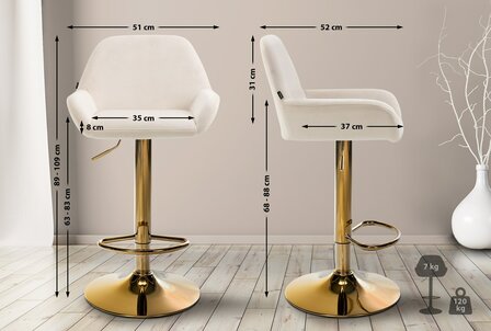 2-delige set barkrukken Braga Goud Fluweel, Creme