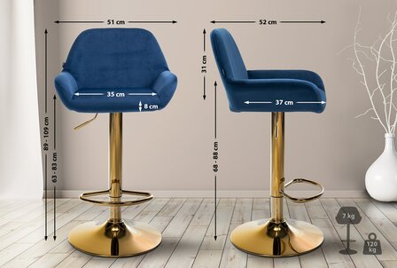 2-delige set barkrukken Braga Goud Fluweel, Blauw