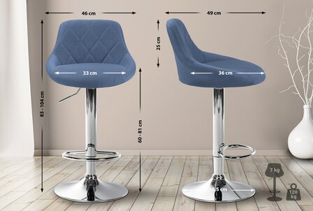 Barstoel Lozia Stof chroom, Blauw