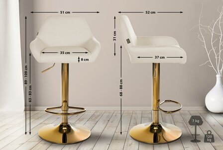 2-delige set barkrukken Braga Goud Stof, Creme