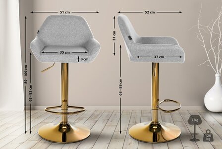 2-delige set barkrukken Braga Goud Stof, Grijs