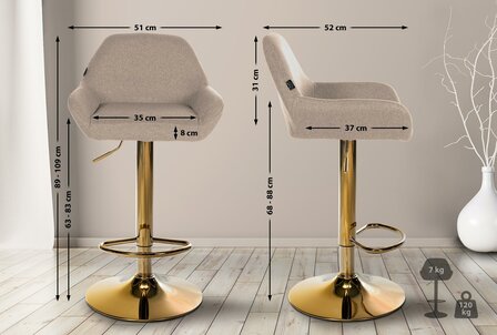 2-delige set barkrukken Braga Goud Stof, Taupe