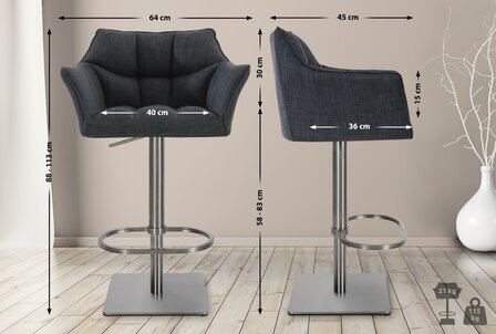 2-delige set barkruk Domasa stof roestvrij staal, Grijs
