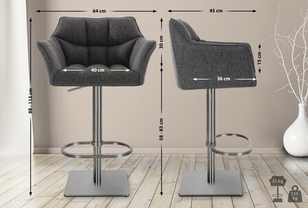 2-delige set barkruk Domasa stof roestvrij staal, Grijs
