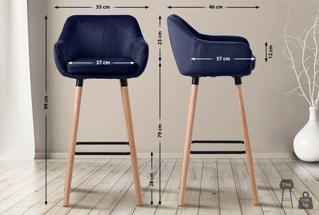 2-delige set barkruk Grint fluweel, Blauw