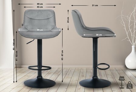 Barkruk Venoro Fluweel zwart, Grijs