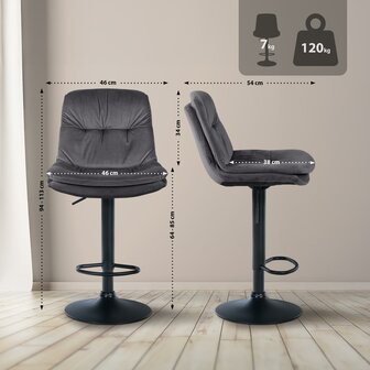 Barkruk Leural Fluweel zwart, Grijs