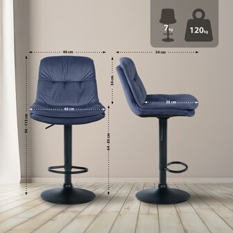 Barkruk Leural Fluweel zwart, Blauw