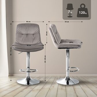 Barkruk Leural Fluweel chroom, Grijs
