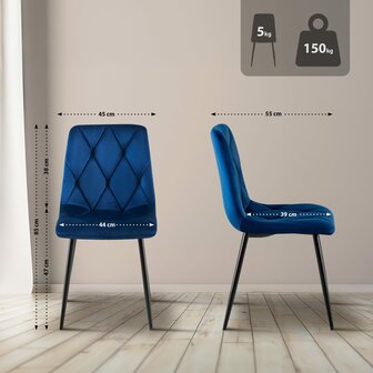 2-delige set eetkamerstoel Cloirtan fluweel, Blauw