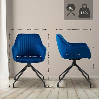 2-delige set eetkamerstoel Wilba fluweel, Blauw
