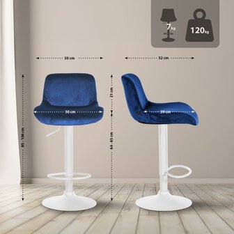 2-delige set barkrukken Silin Wit Fluweel, Blauw