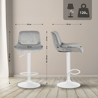2-delige set barkrukken Silin Wit Fluweel, Grijs