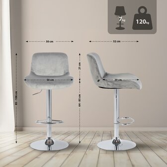 2-delige set barkrukken Silin Chroom Fluweel, Grijs